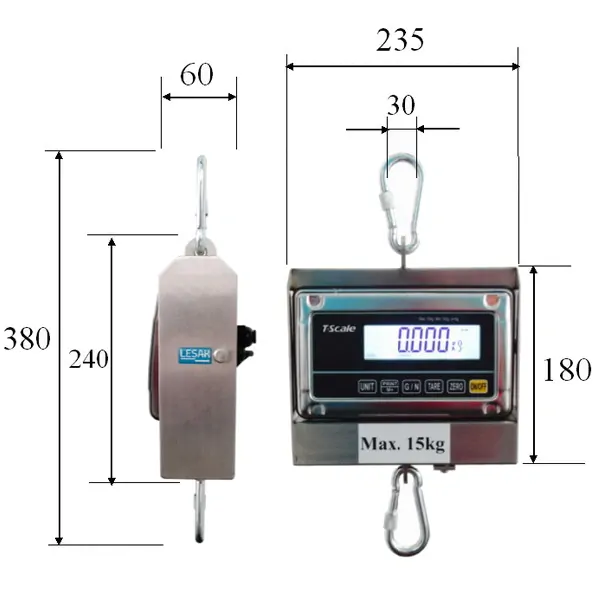 LESAK J1-RWS-IP, 6kg/2g, nerez (Závěsná/jeřábová voděodolná váha pro obchodní vážení s LCD displejem v nerezu)